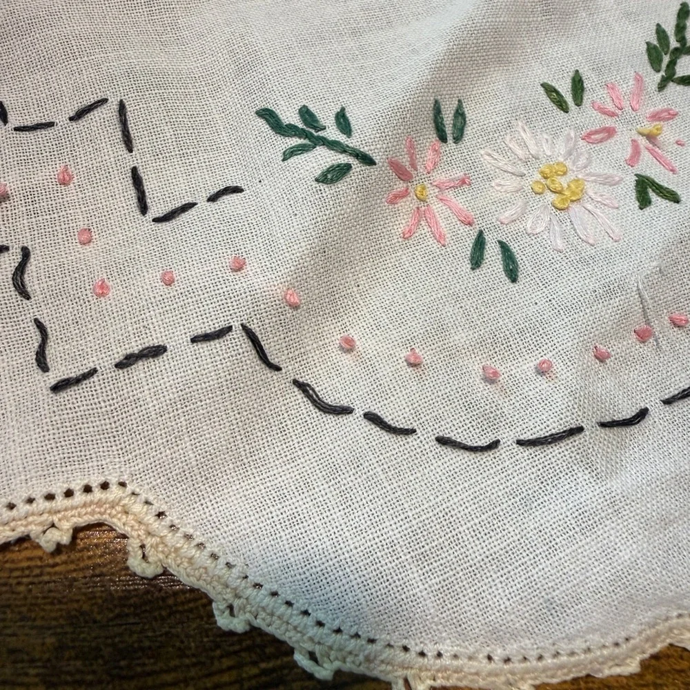 2 Vtg Hand Embroidered Linen Doily Handkerchief Floral Crochet Lace Trim Cottage